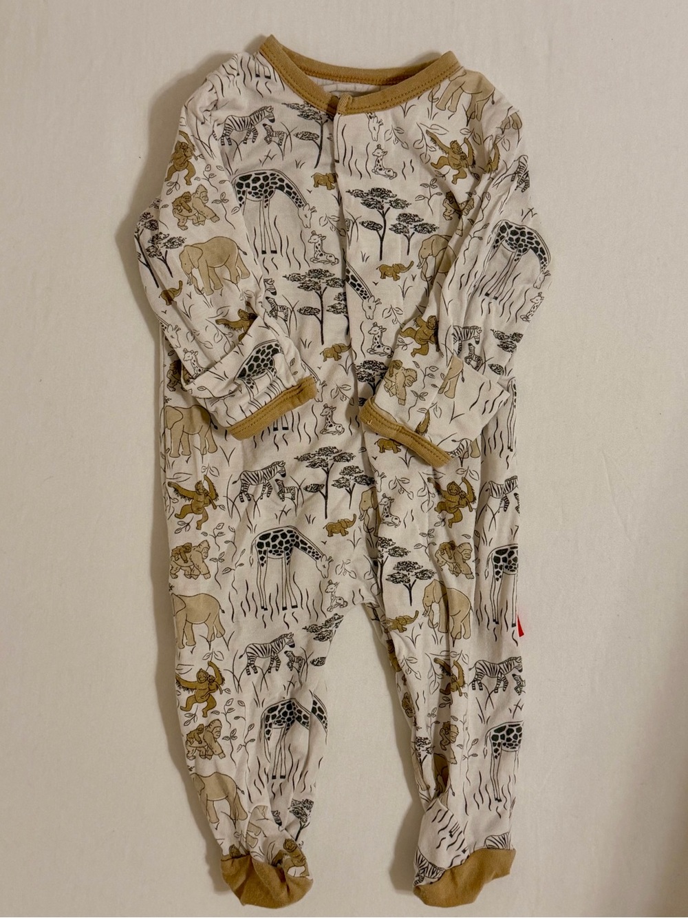 Magnetic Me Cream Safari Print One-Piece Footed Pajamas with Tan Trim